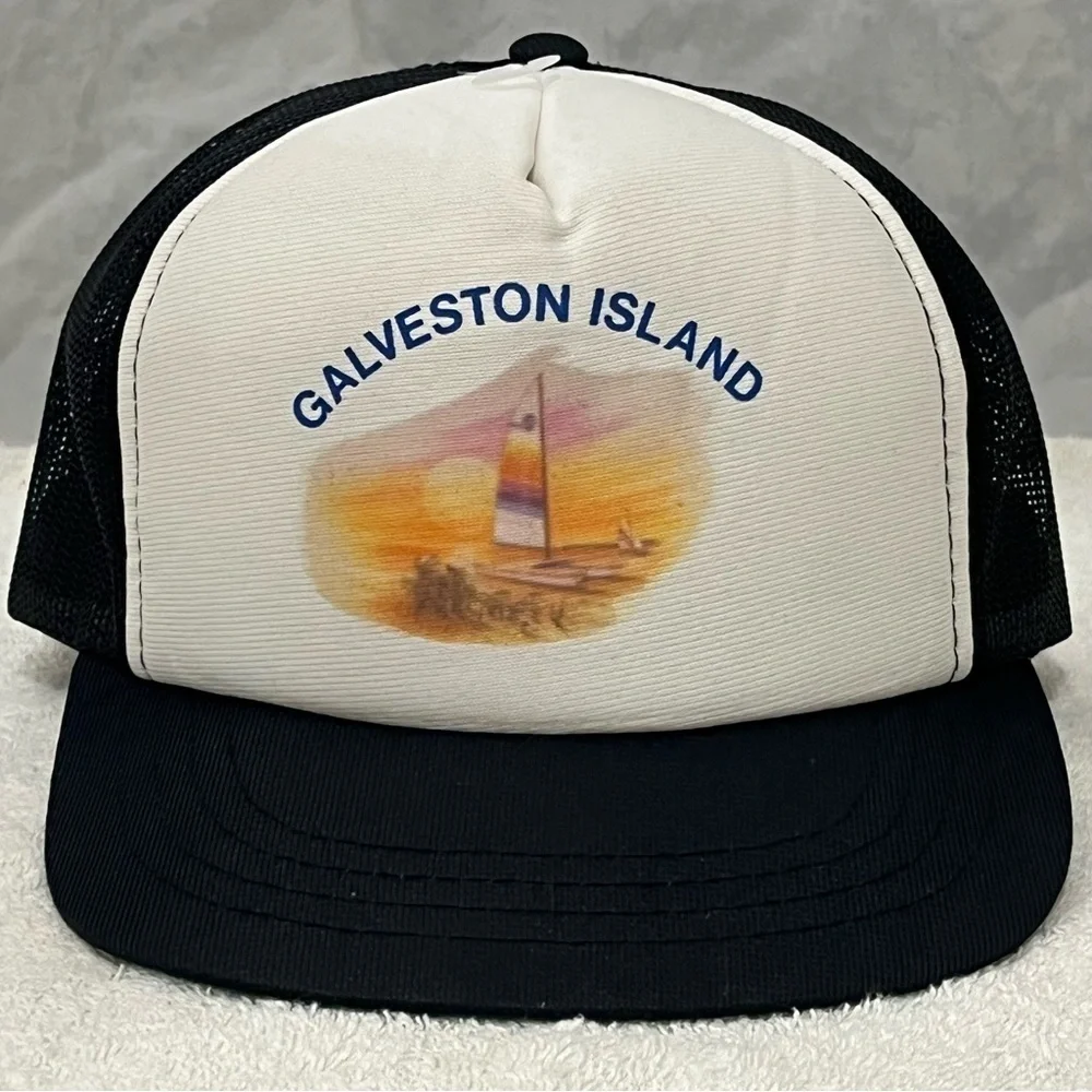 Galveston Island Art on Black & White Adjustable Snap Back Trucker Hat